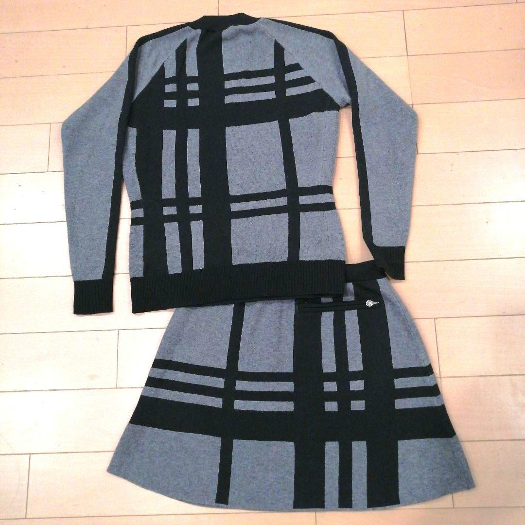デサントゴルフ モックネック チェック柄ニット スカート セットアップ グレー