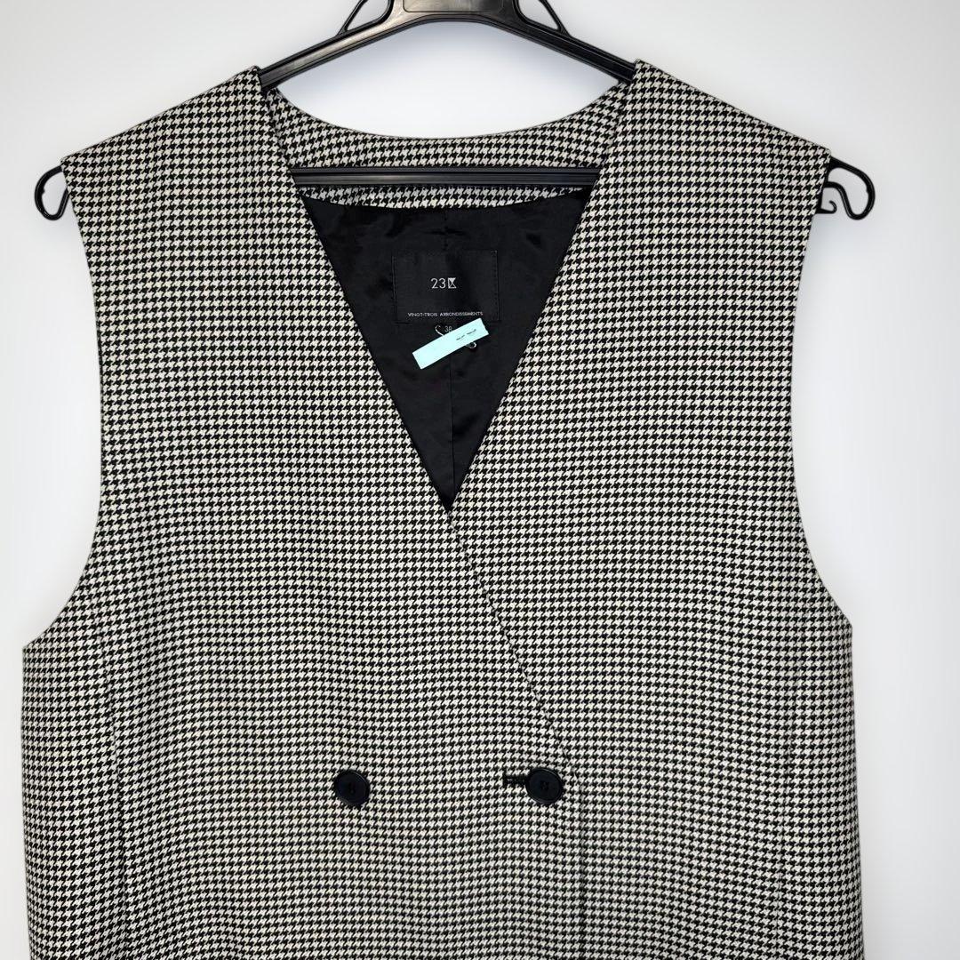 【美品】23区 ガンクラブチェック ロング ジレ モノトーンチェック38