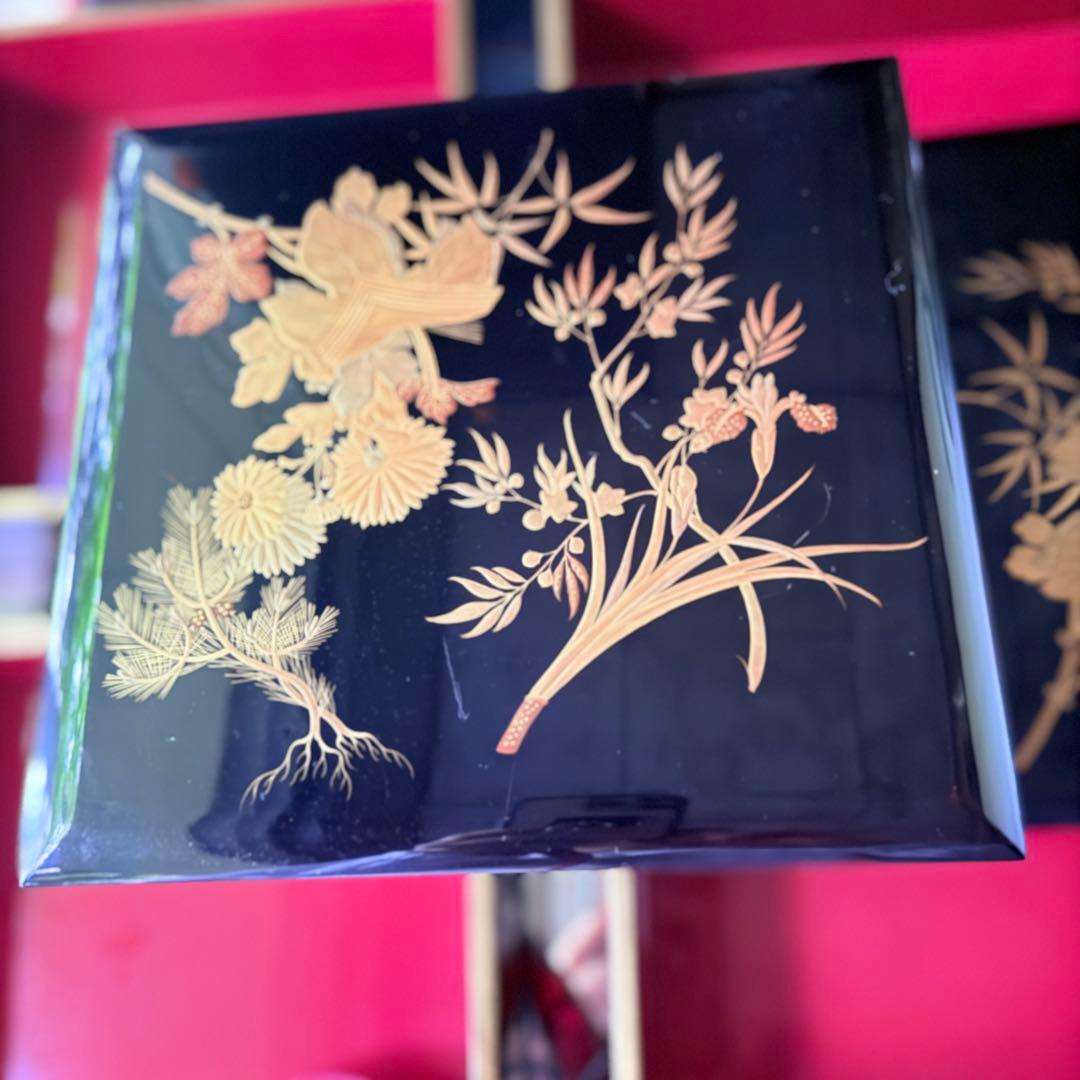 2201様感謝‼️JAPAN研ぎ出し高蒔蒔絵四君子華づくし五段重箱二枚蓋真塗桐箱入