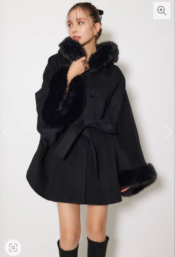 rienda ウールMIXフードポンチョコート ブラック