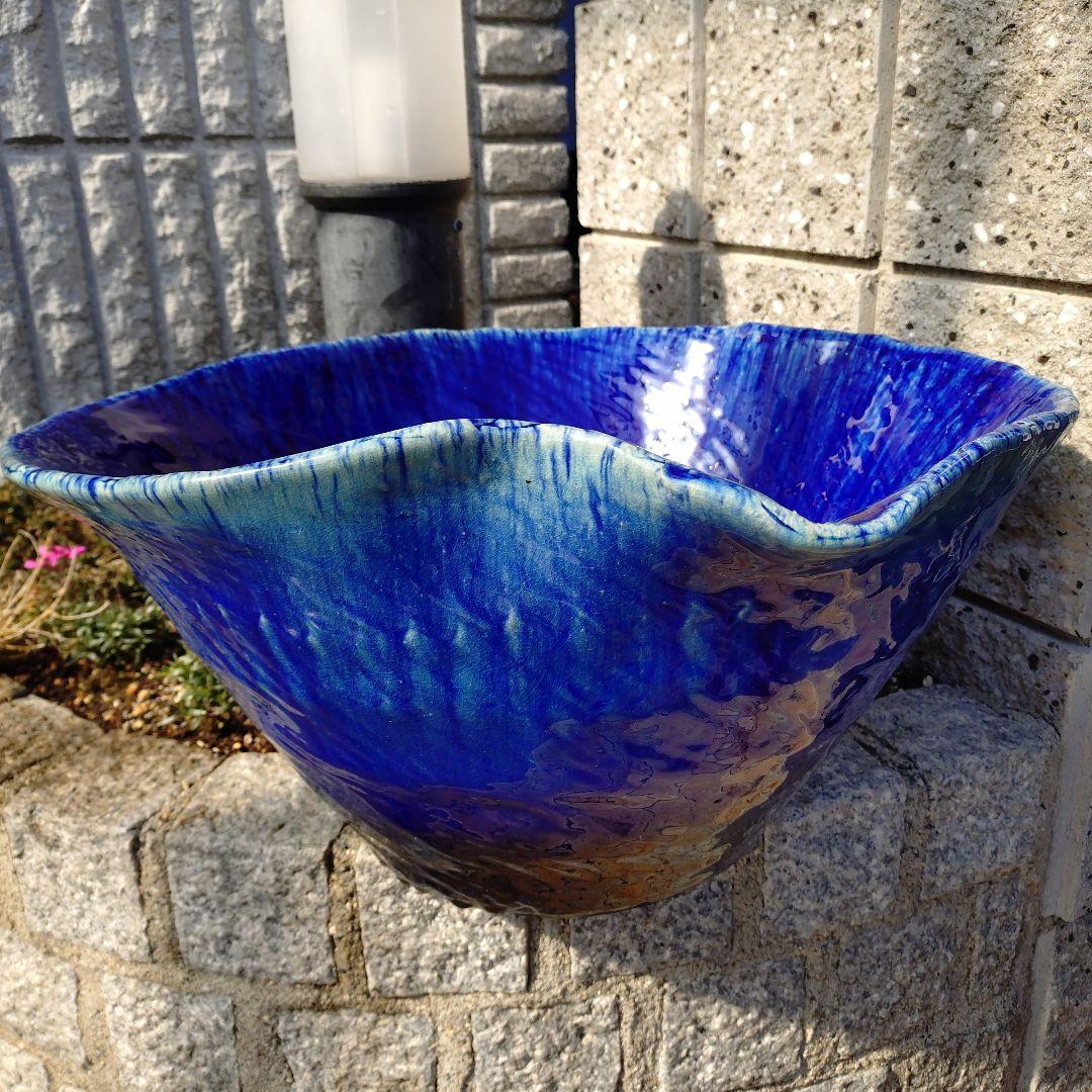 信楽焼　ブルーガラス　手作りメダカ鉢　49㌢水連鉢　ビオトープ　めだか鉢