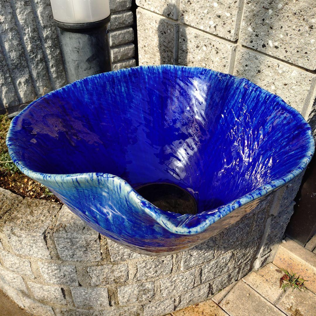 信楽焼　ブルーガラス　手作りメダカ鉢　49㌢水連鉢　ビオトープ　めだか鉢