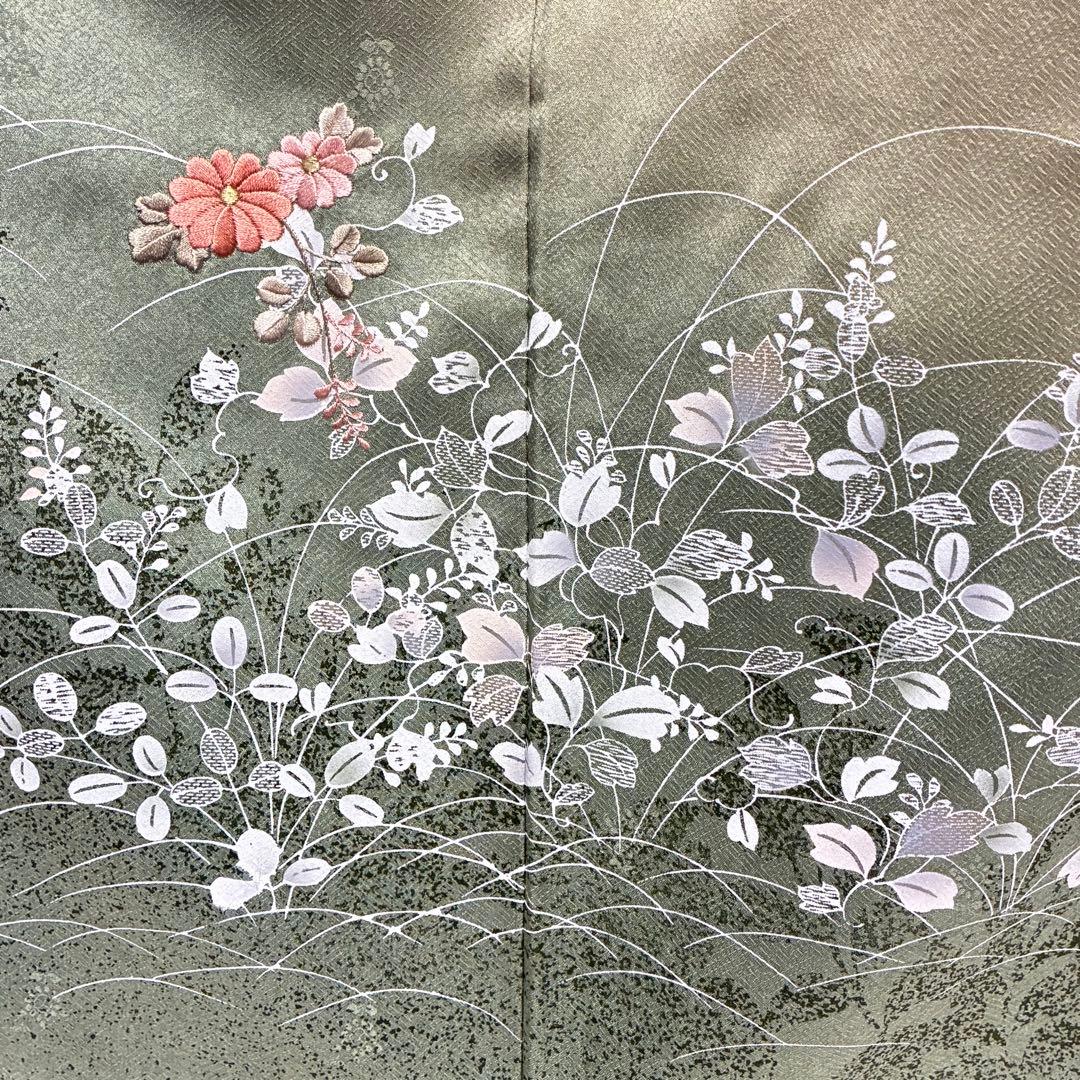 D102 訪問着 萩 花刺繍 正絹 着物 袷 しつけ糸付き未使用極美品