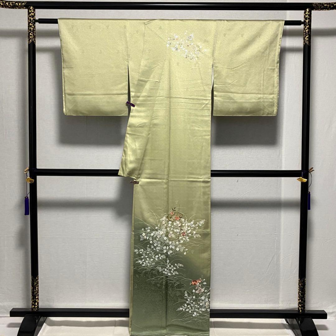 D102 訪問着 萩 花刺繍 正絹 着物 袷 しつけ糸付き未使用極美品