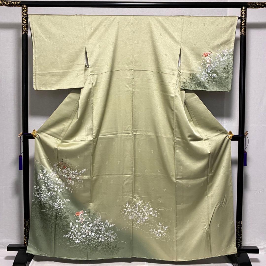 D102 訪問着 萩 花刺繍 正絹 着物 袷 しつけ糸付き未使用極美品