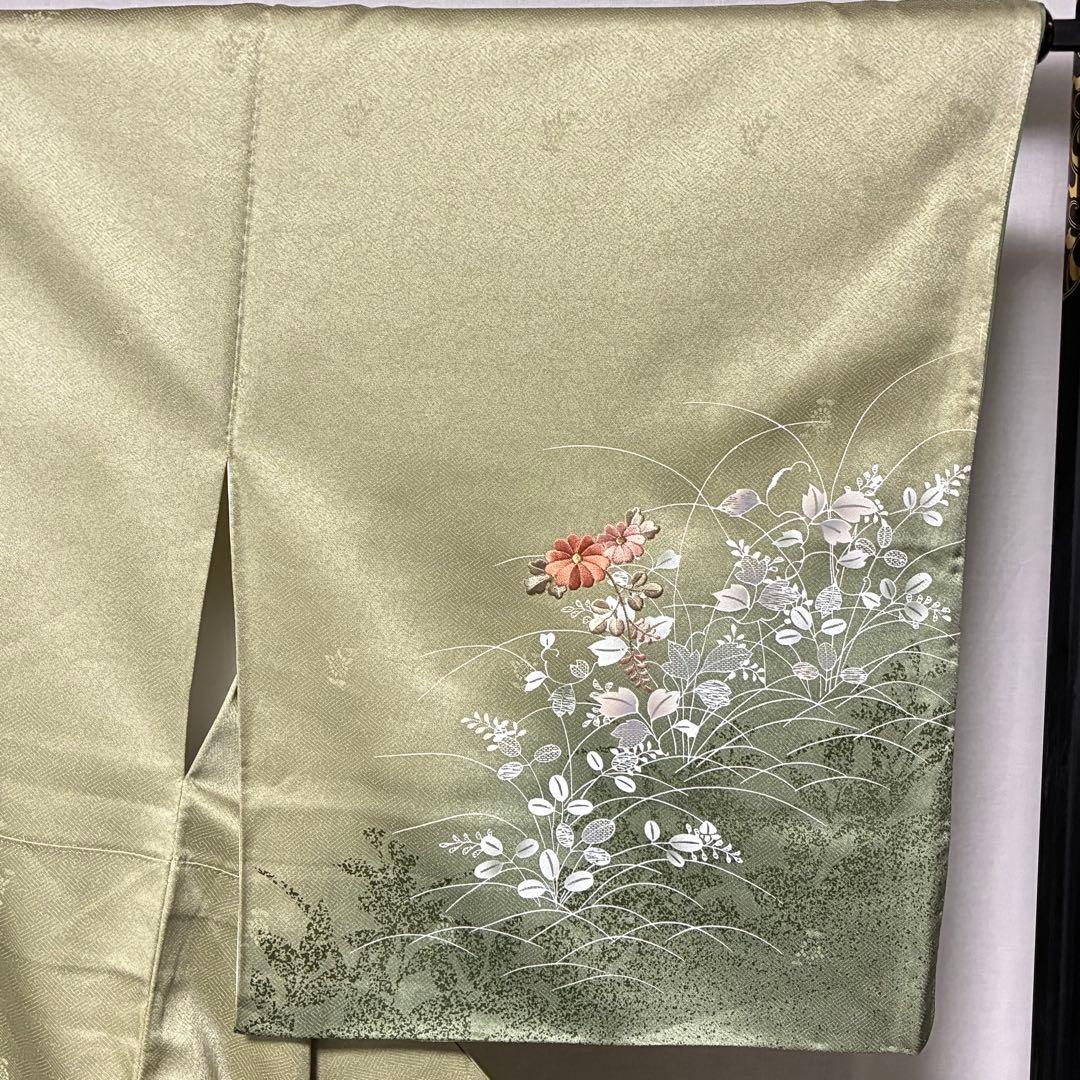 D102 訪問着 萩 花刺繍 正絹 着物 袷 しつけ糸付き未使用極美品