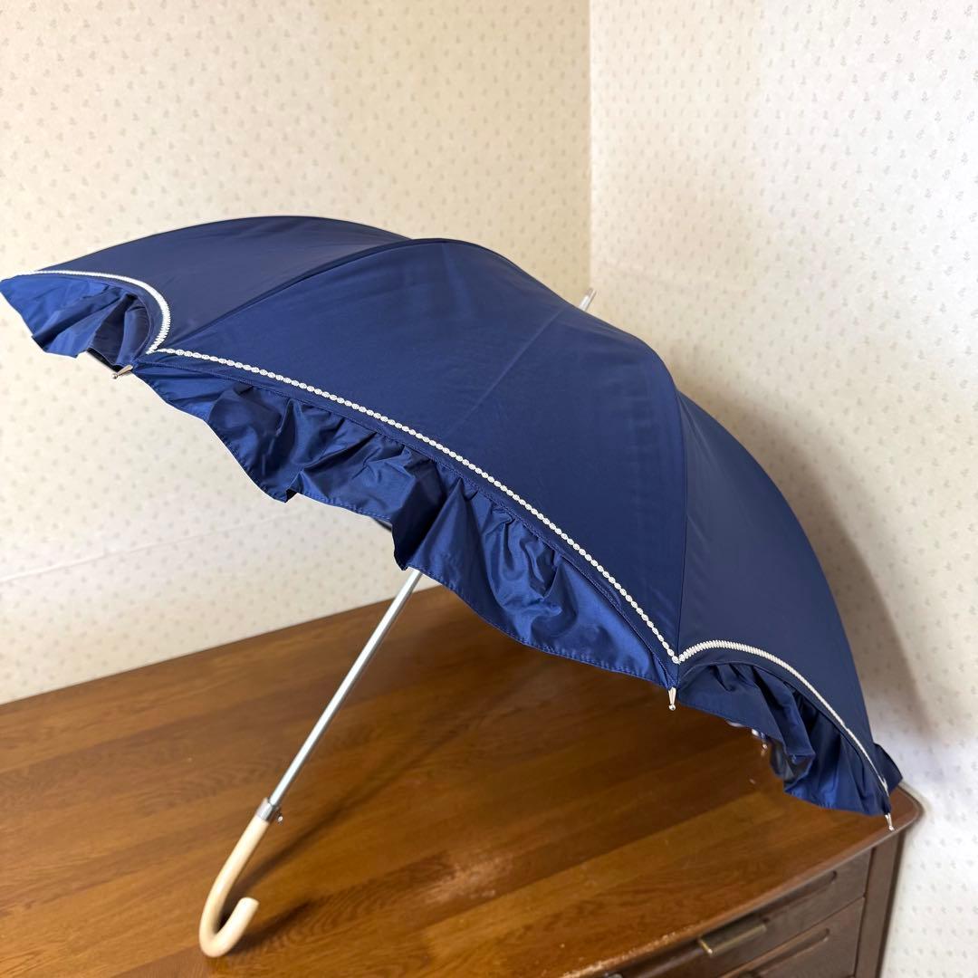 新品★HANWAY　高級日傘　晴雨兼用　オールウェザー　フリル　大きい　ネイビー