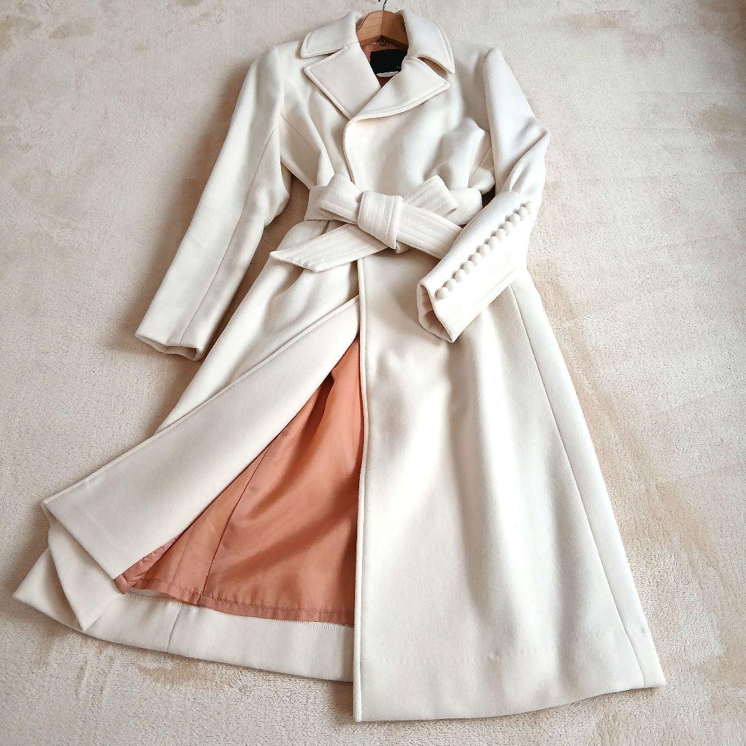 極美品　ソブ　ウールロングコート　アイボリー　ベルト付き　くるみボタン　M相当