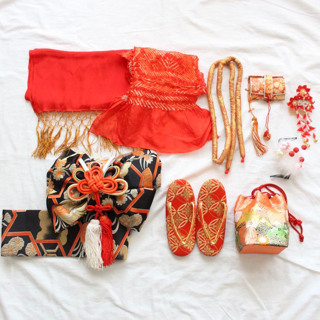 七五三 3歳 女の子 子供 正絹 着物 つくり帯 セット