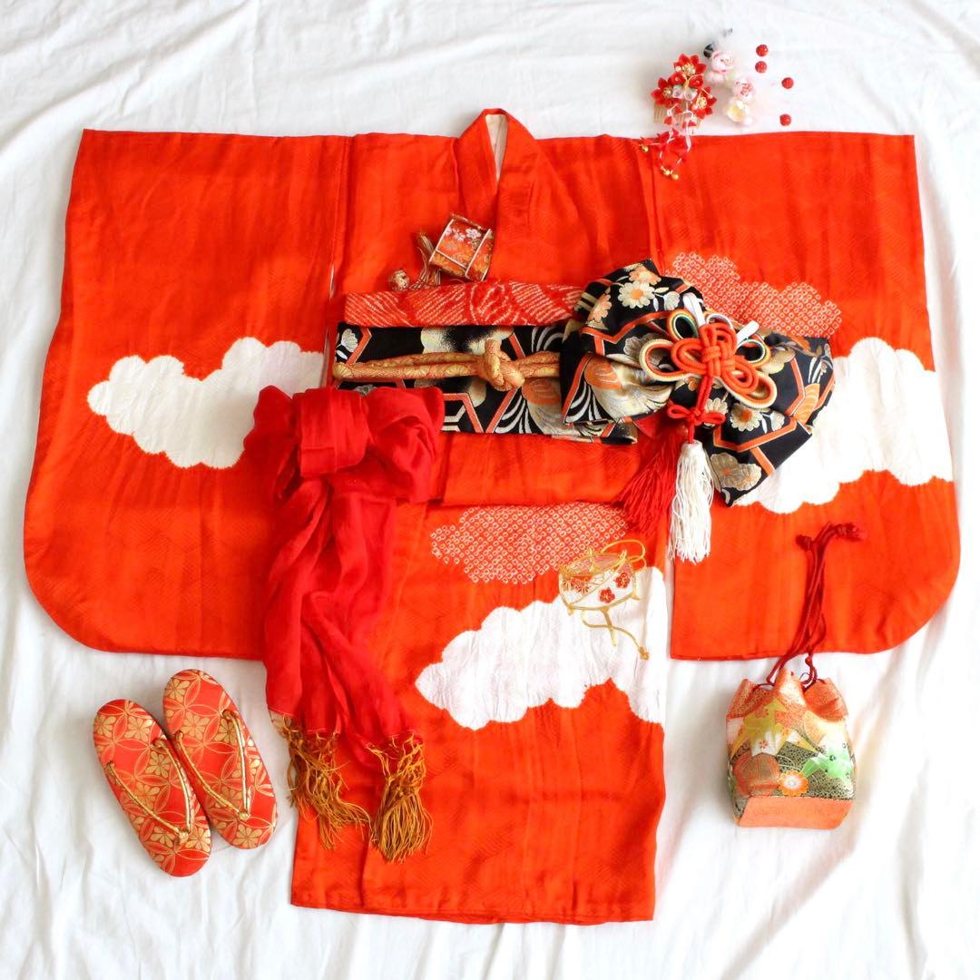七五三 3歳 女の子 子供 正絹 着物 つくり帯 セット