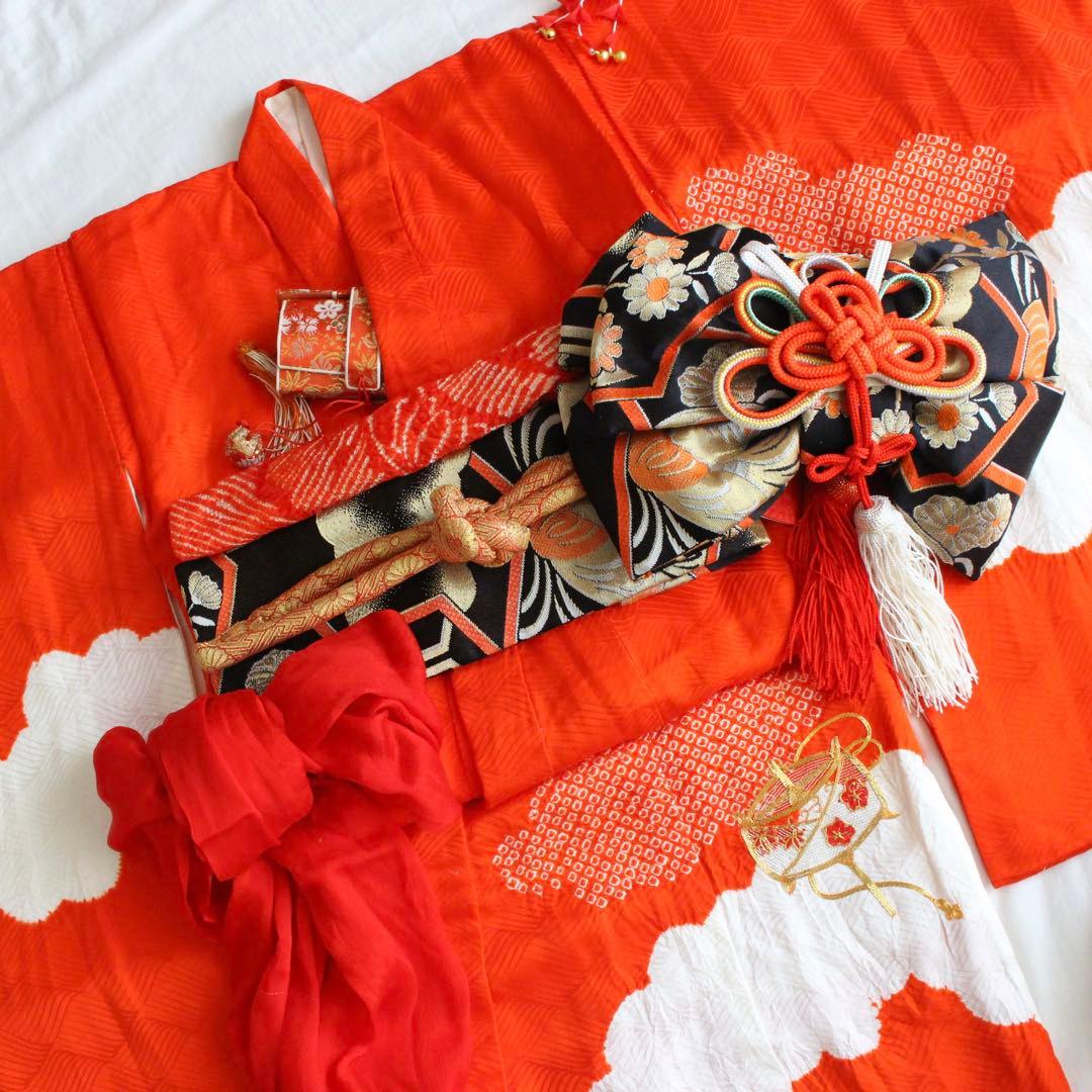 七五三 3歳 女の子 子供 正絹 着物 つくり帯 セット