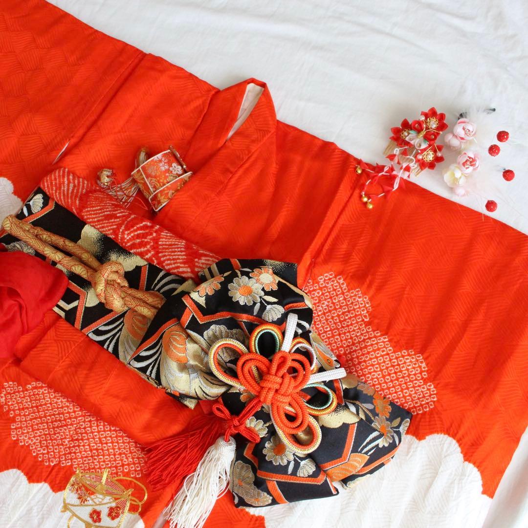 七五三 3歳 女の子 子供 正絹 着物 つくり帯 セット
