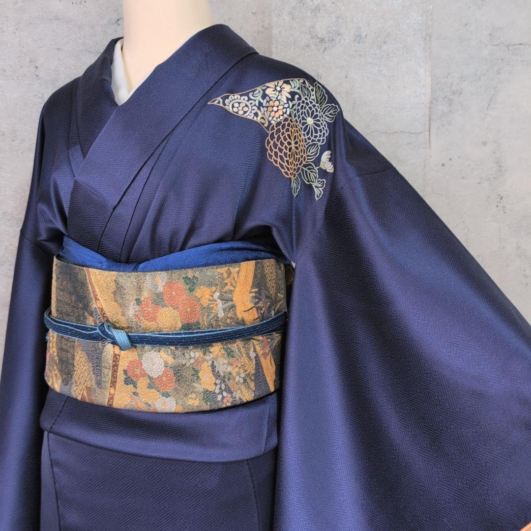 訪問着　フルセット　着物　正絹　青紺　花　相良　刺繍　繊細　F7