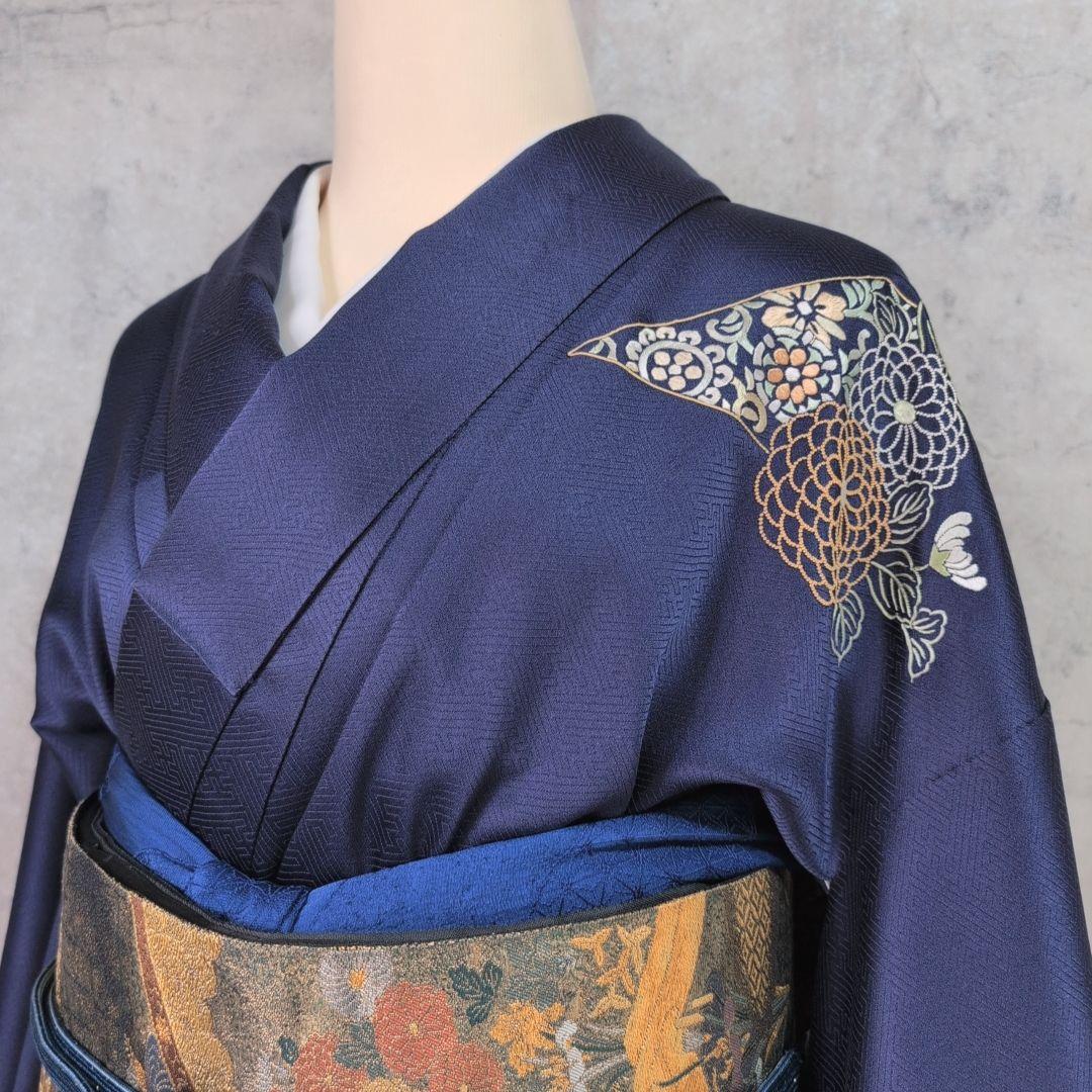 訪問着　フルセット　着物　正絹　青紺　花　相良　刺繍　繊細　F7