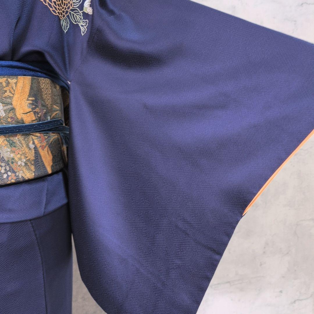 訪問着　フルセット　着物　正絹　青紺　花　相良　刺繍　繊細　F7