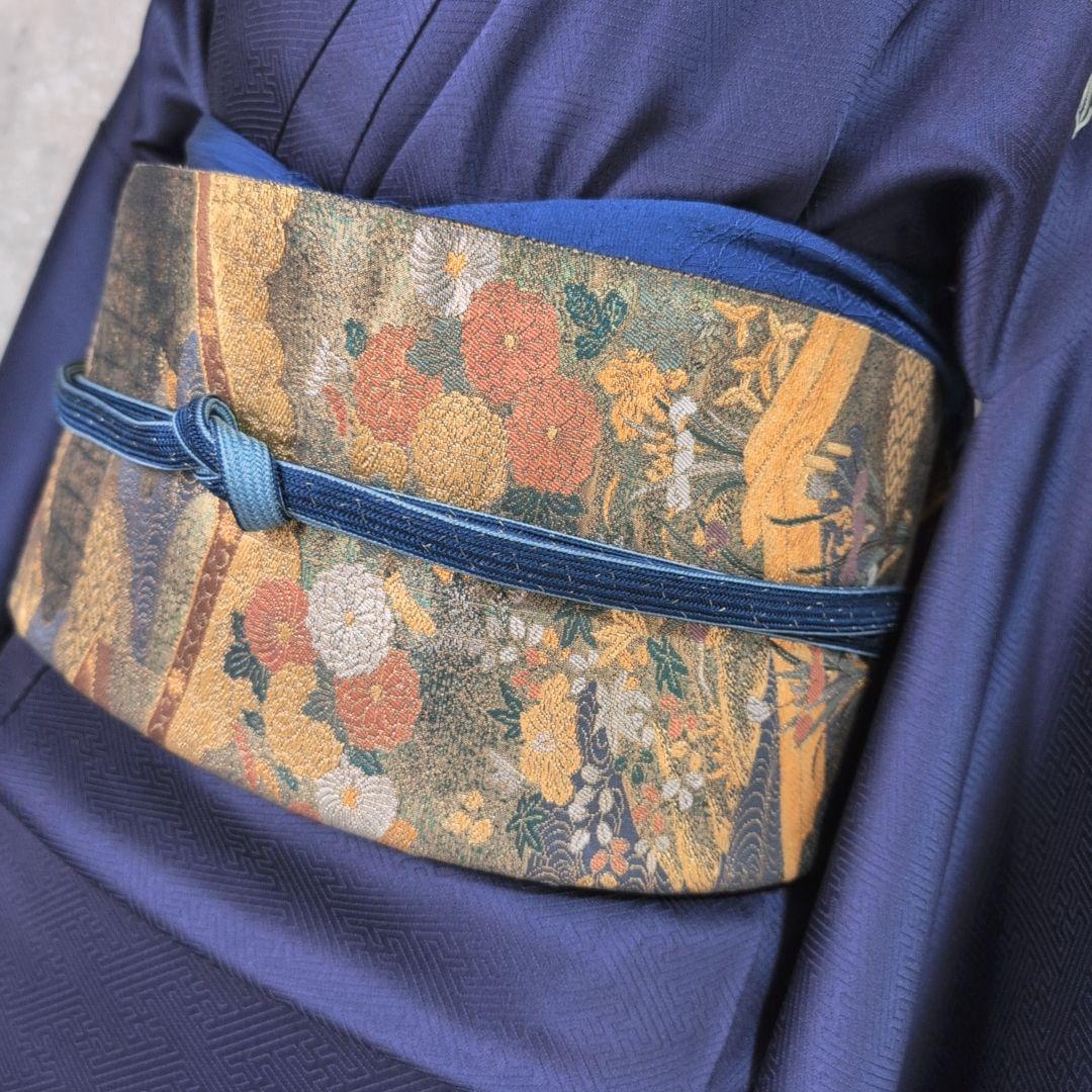 訪問着　フルセット　着物　正絹　青紺　花　相良　刺繍　繊細　F7