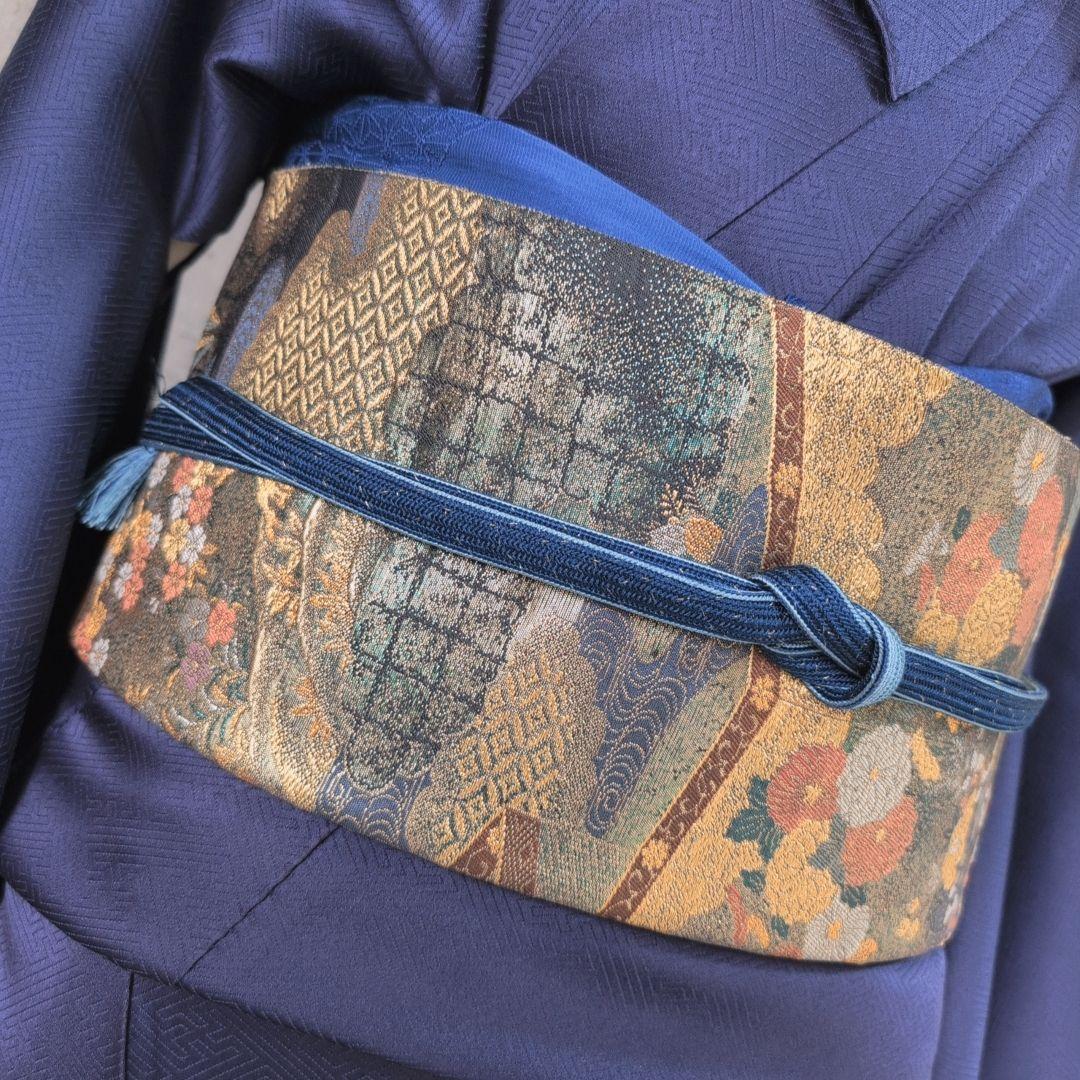 訪問着　フルセット　着物　正絹　青紺　花　相良　刺繍　繊細　F7