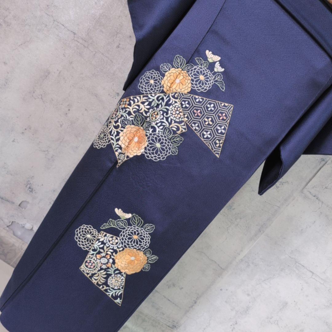 訪問着　フルセット　着物　正絹　青紺　花　相良　刺繍　繊細　F7