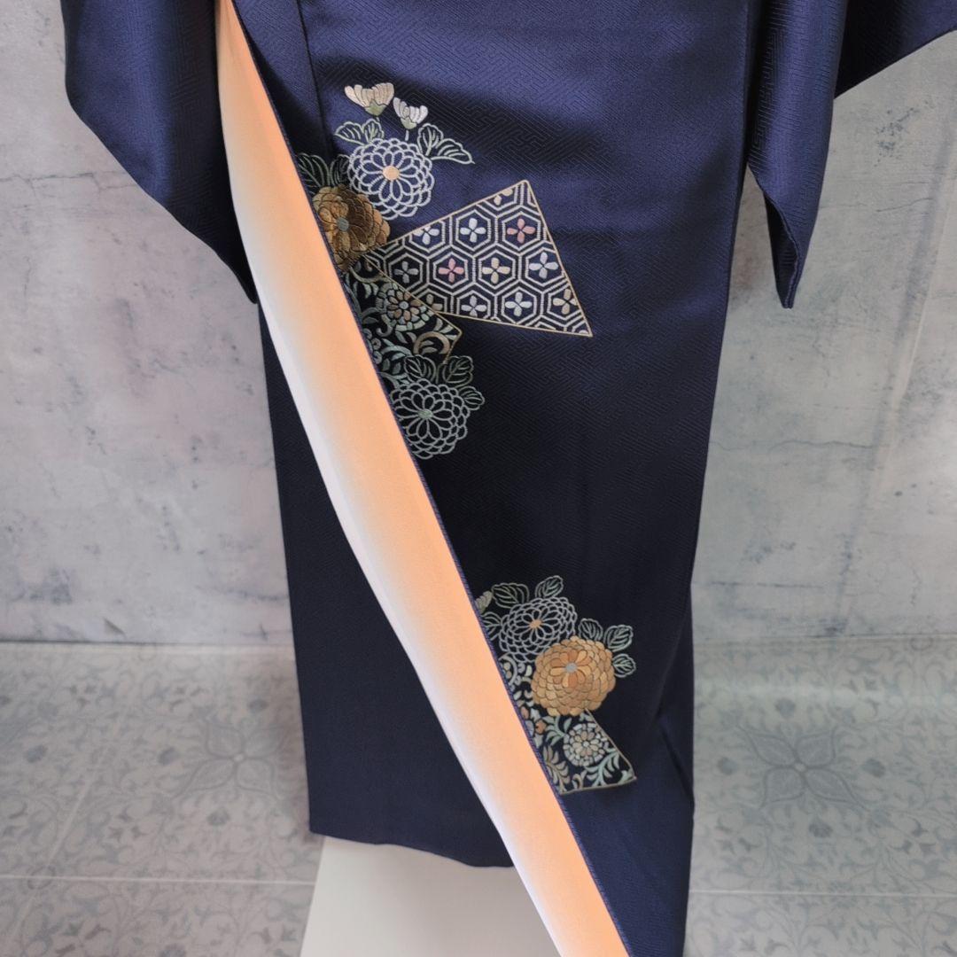 訪問着　フルセット　着物　正絹　青紺　花　相良　刺繍　繊細　F7