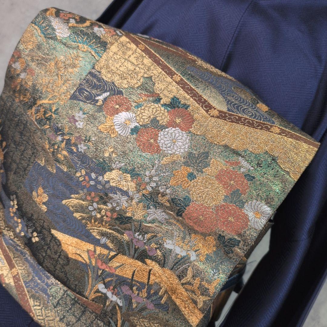 訪問着　フルセット　着物　正絹　青紺　花　相良　刺繍　繊細　F7