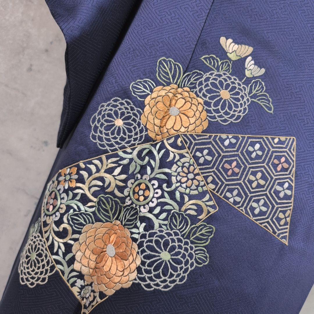 訪問着　フルセット　着物　正絹　青紺　花　相良　刺繍　繊細　F7