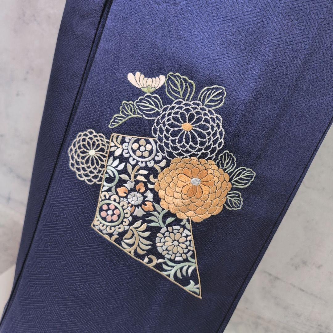訪問着　フルセット　着物　正絹　青紺　花　相良　刺繍　繊細　F7
