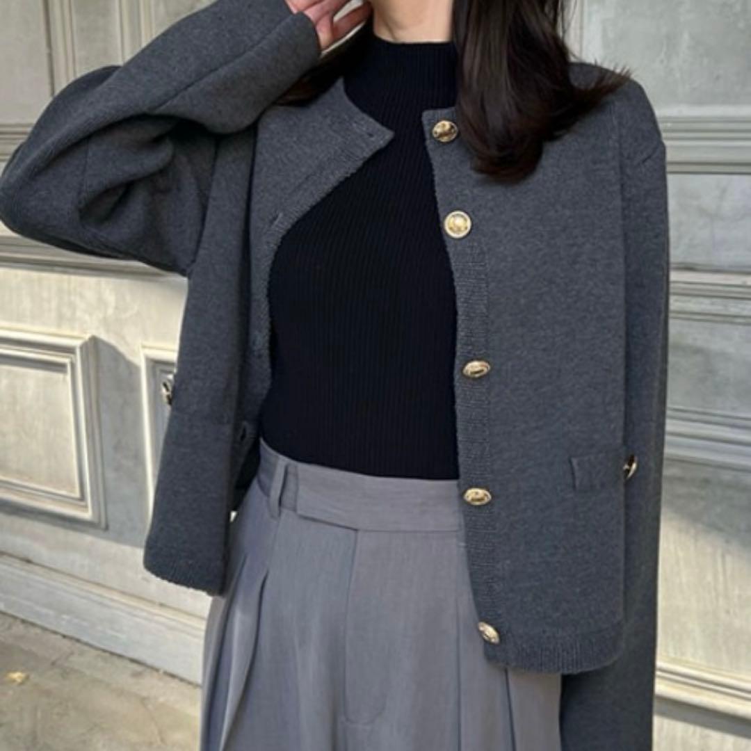 anuans/ノーカラーニットジャケット