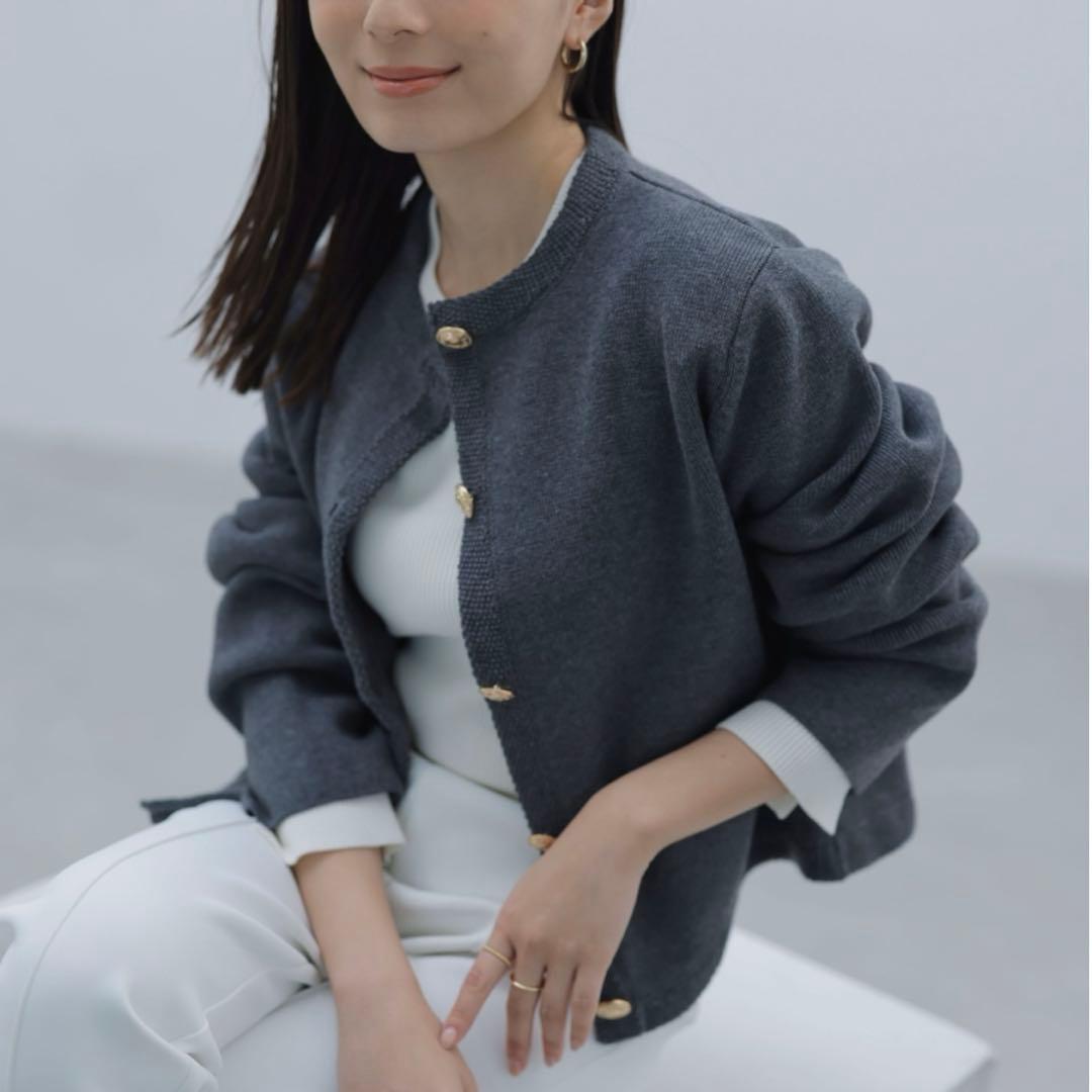 anuans/ノーカラーニットジャケット