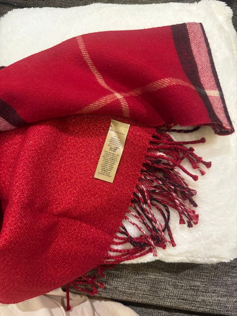 BURBERRY カシミヤ混 赤チェック ラメ入りマフラー
