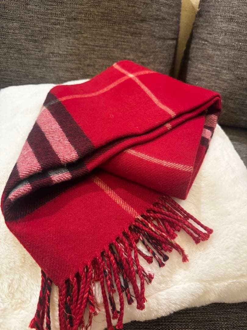 BURBERRY カシミヤ混 赤チェック ラメ入りマフラー