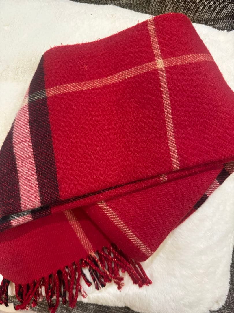 BURBERRY カシミヤ混 赤チェック ラメ入りマフラー