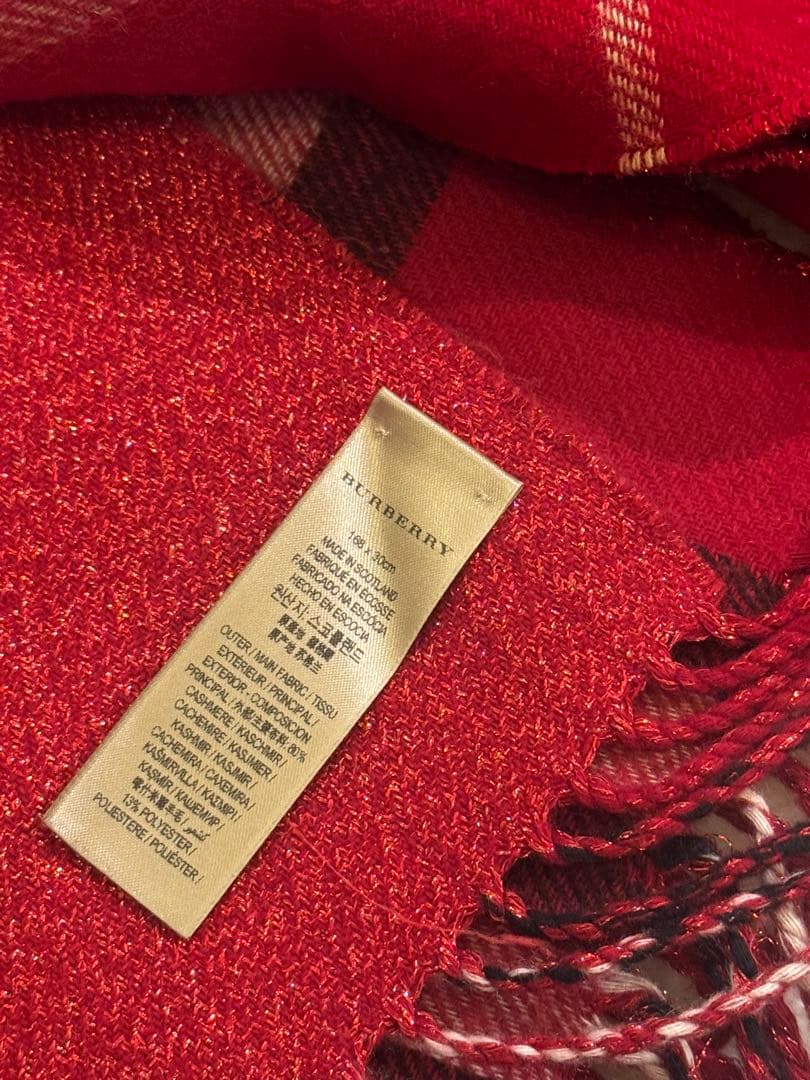 BURBERRY カシミヤ混 赤チェック ラメ入りマフラー