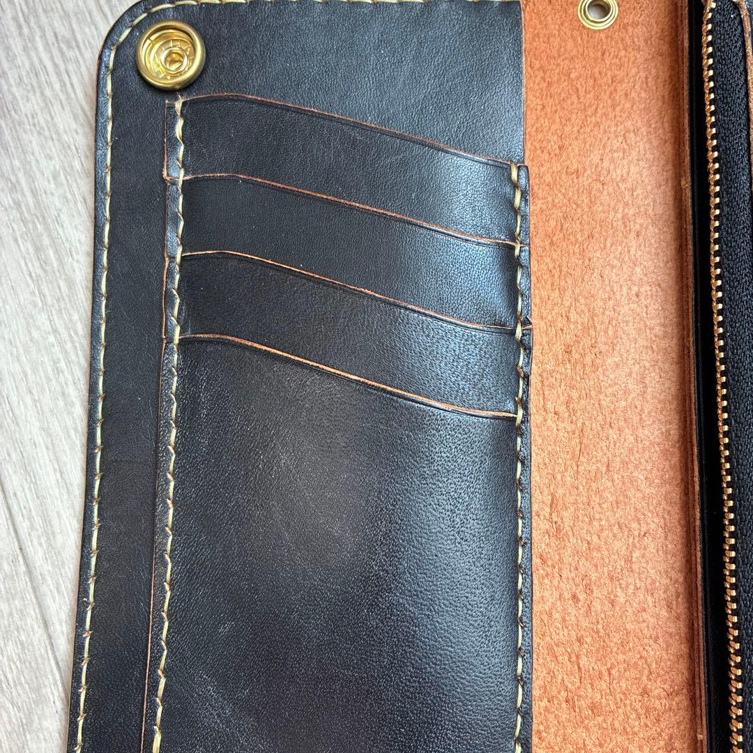 【茶芯ブラック】トラッカーウォレット　ロング　真鍮　三層