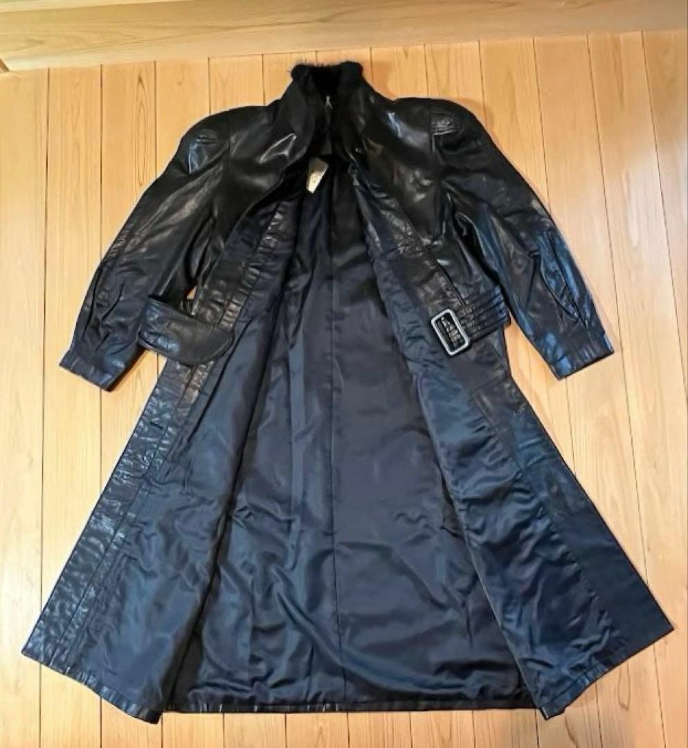 ミンク襟付 牛革スタンドカラー衿ロングコート（カーフレザー）