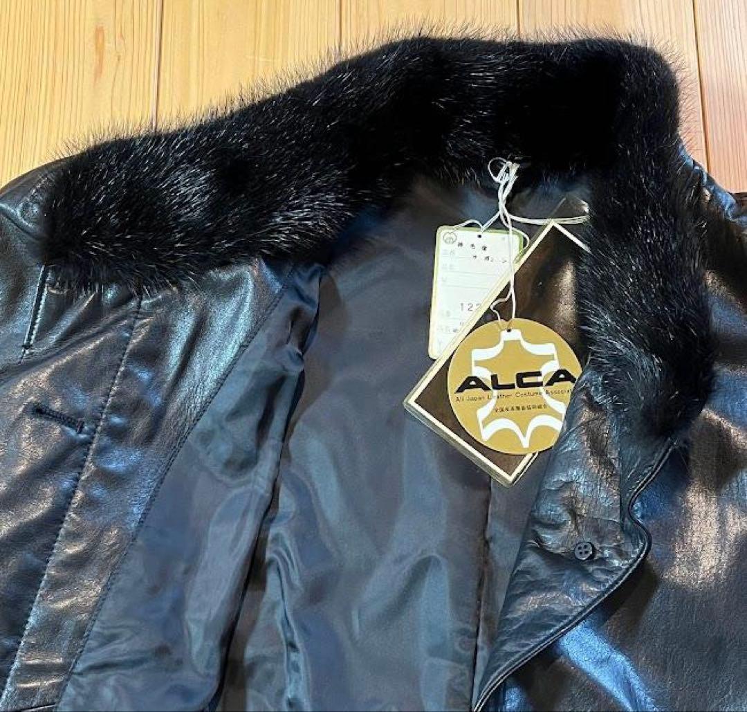 ミンク襟付 牛革スタンドカラー衿ロングコート（カーフレザー）