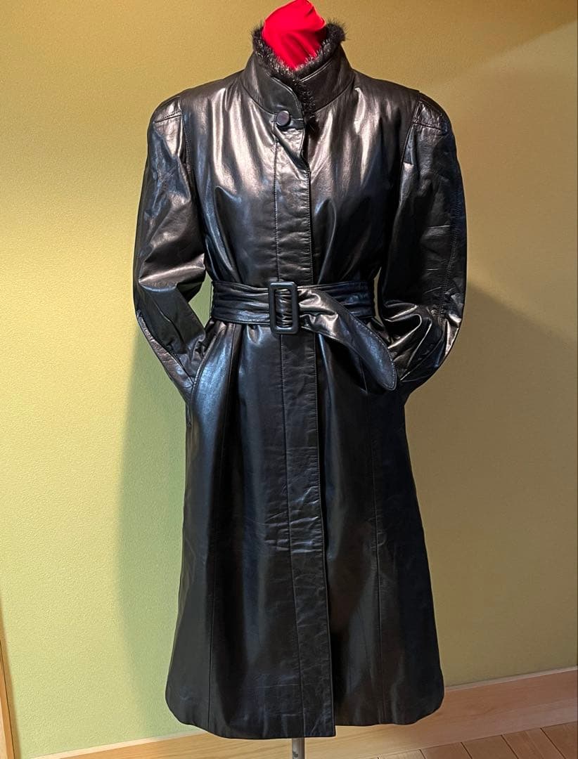 ミンク襟付 牛革スタンドカラー衿ロングコート（カーフレザー）