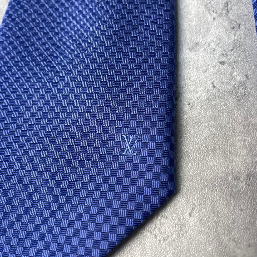 美品 LOUIS VUITTON マイクロダミエ LVロゴ ネクタイ ブルー 青