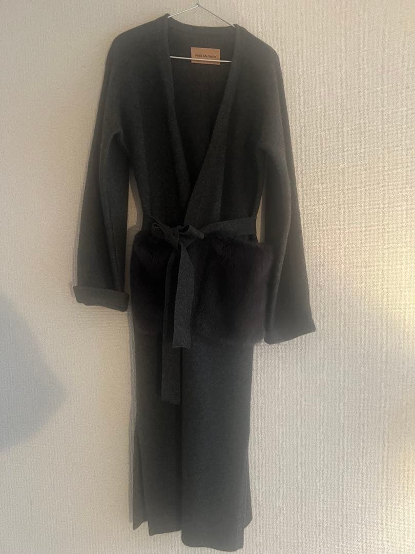 YVES SALOMON チャコールグレー ロングコート ベルト付き