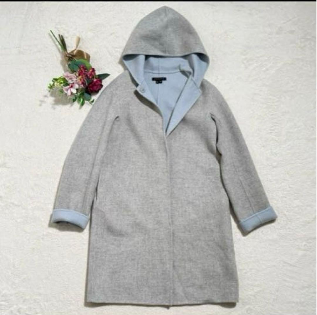 セオリー　フーデッドコート カシミヤ混 コート　ダブルフェイス　秋冬　グレー