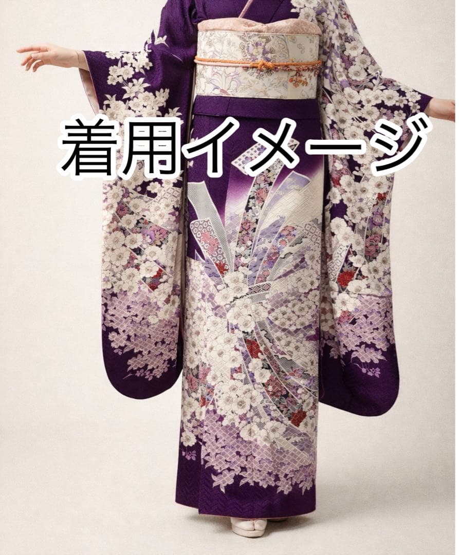 正絹 振袖 紫 古典柄 梅牡丹 金彩 地紋 身丈159 裄63 袖丈105