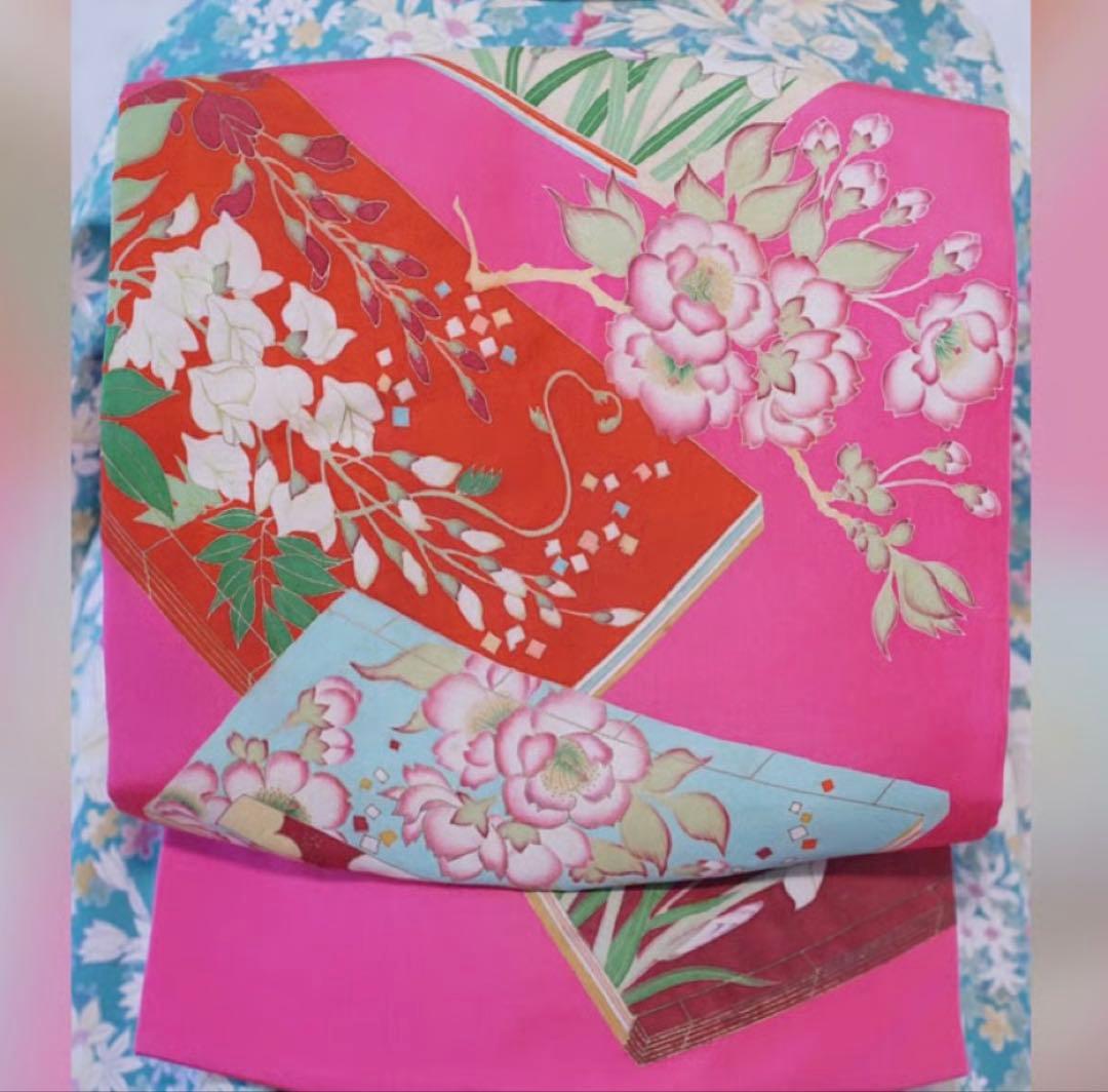 アンティーク名古屋帯　薔薇/菖蒲／藤／読本柄/金彩/染め帯　本　ピンク