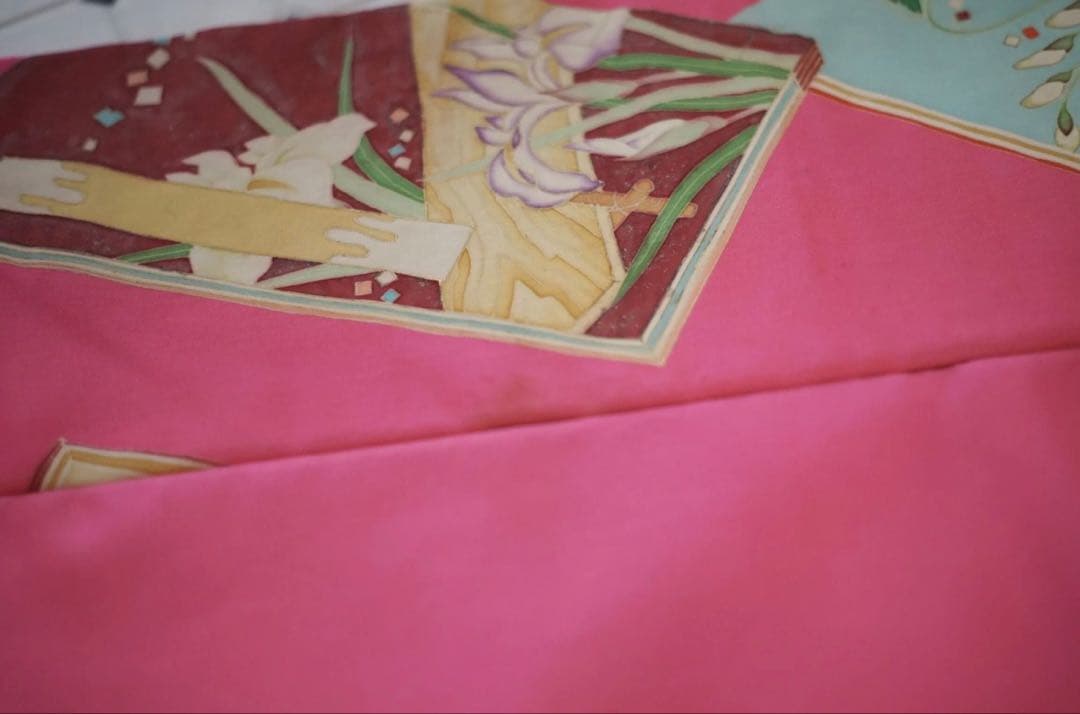 アンティーク名古屋帯　薔薇/菖蒲／藤／読本柄/金彩/染め帯　本　ピンク