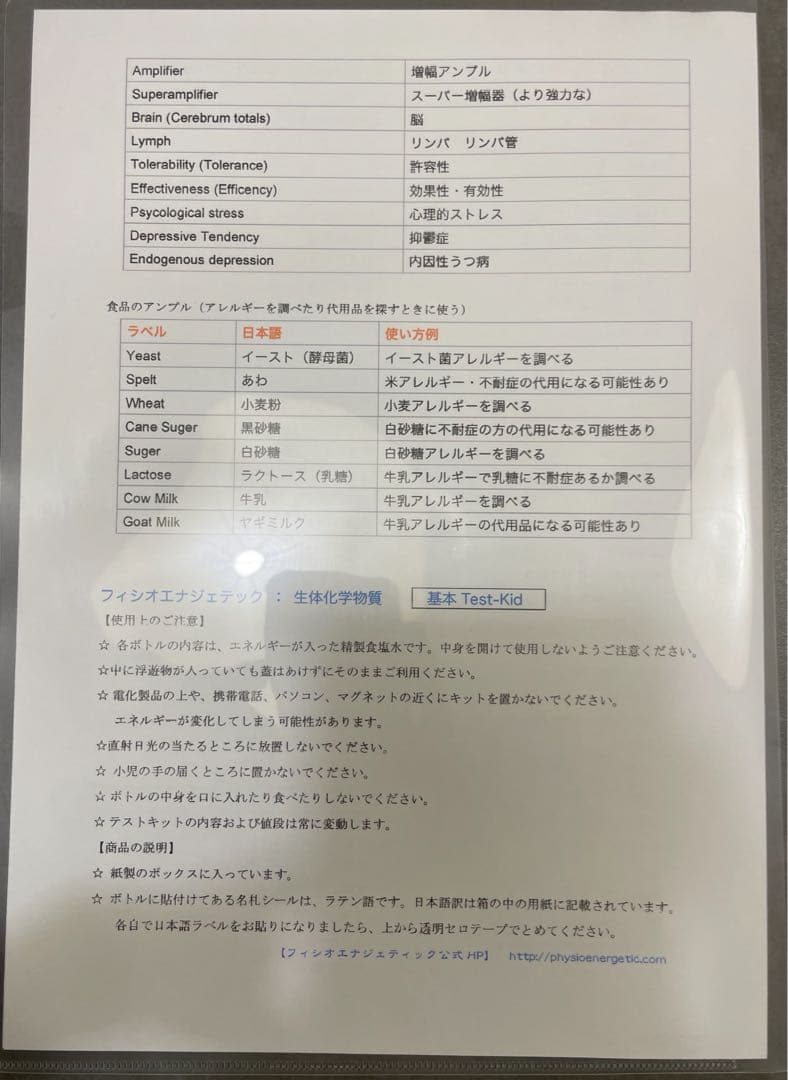 フィシオエナジェティック　生体化学物質基本テストキット