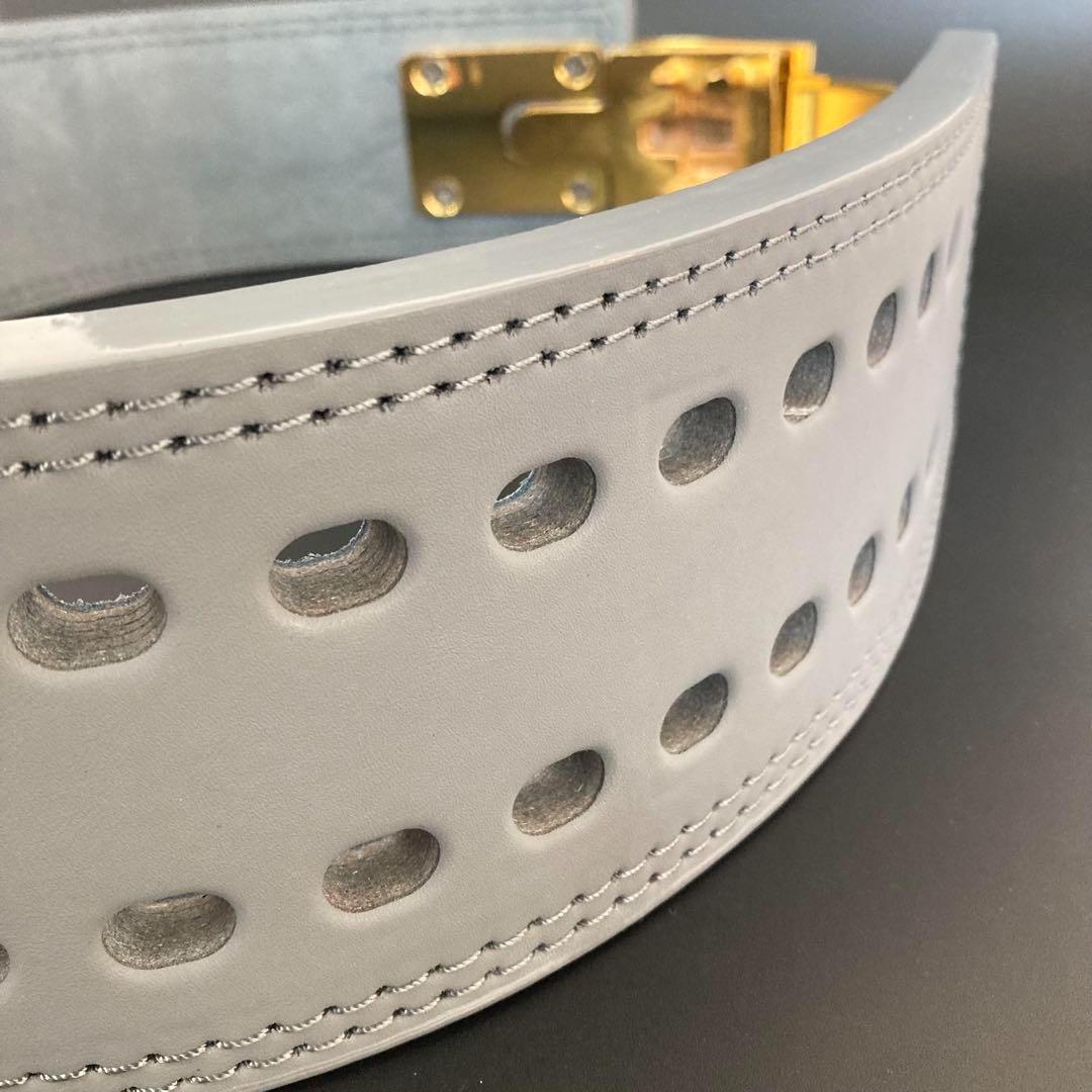 【訳あり】 パワーベルト レバーアクション 本革 グレー×ゴールド 可変式