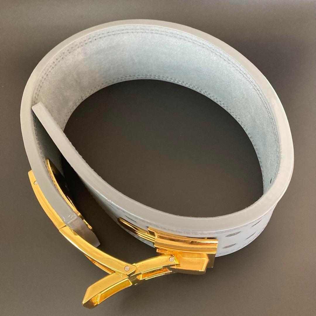 【訳あり】 パワーベルト レバーアクション 本革 グレー×ゴールド 可変式