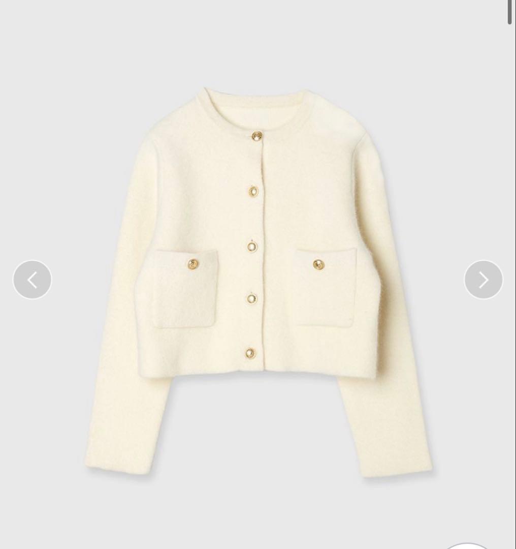 【美品】anuans ラクーンブレンドノーカラーニットジャケット　IVR