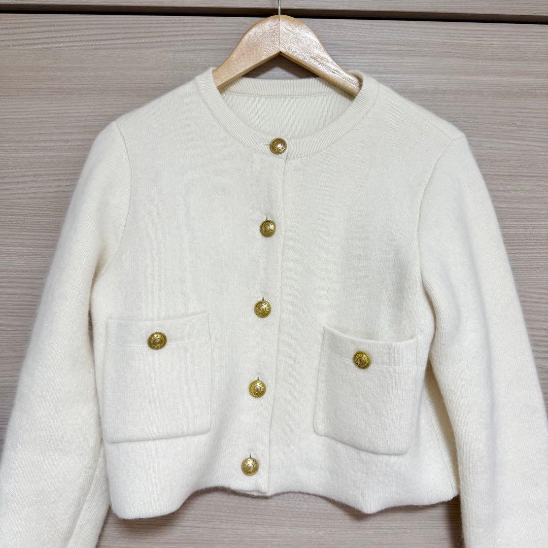 【美品】anuans ラクーンブレンドノーカラーニットジャケット　IVR