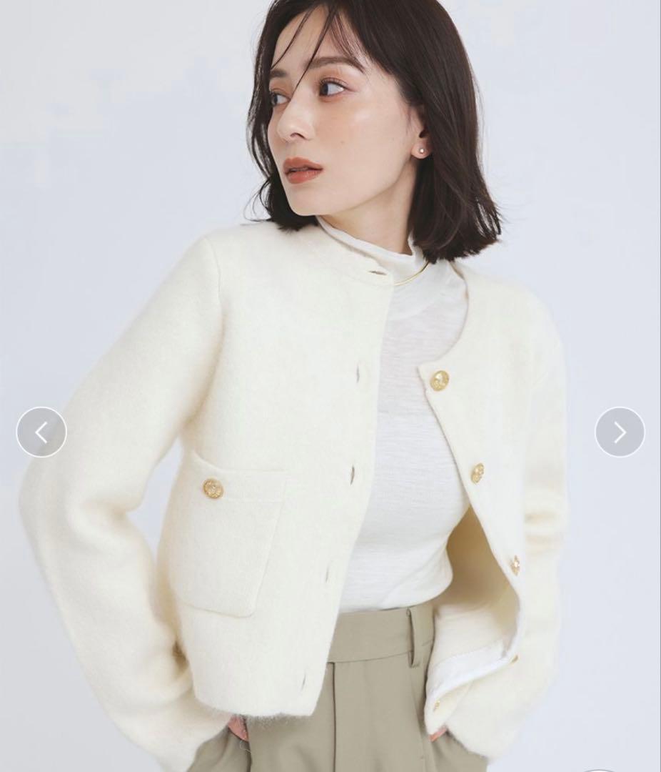 【美品】anuans ラクーンブレンドノーカラーニットジャケット　IVR