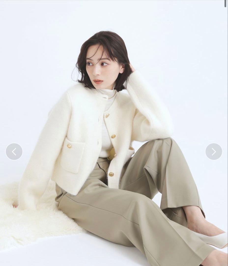 【美品】anuans ラクーンブレンドノーカラーニットジャケット　IVR