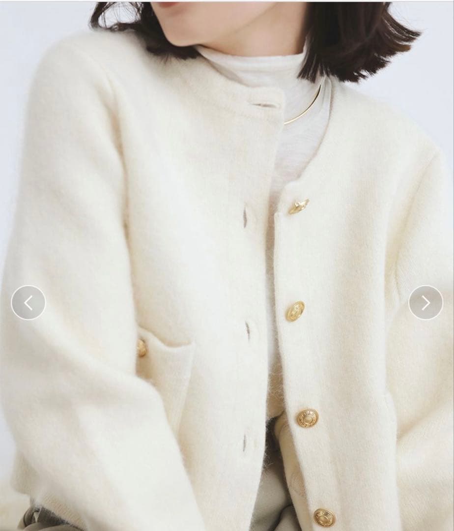 【美品】anuans ラクーンブレンドノーカラーニットジャケット　IVR